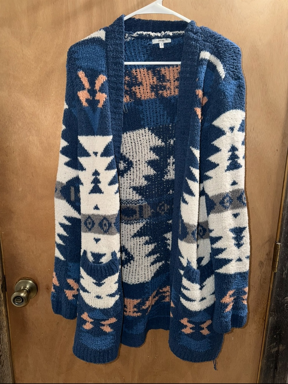 JODIFL Navy, White & Peach Aztec Open-Front Cardigan